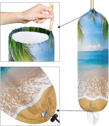 swimsuits, and scattered sunscreen bottles. A mesh beach bag with a zipper